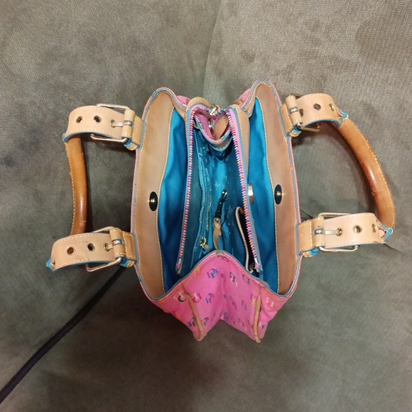 Dooney and Bourke pink multi color DB all over with tan leather handles - Picture 4 of 17